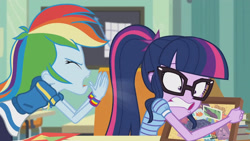 Size: 3410x1920 | Tagged: safe, screencap, rainbow dash, sci-twi, twilight sparkle, equestria girls, g4, my little pony equestria girls: better together, the last day of school, book, bowtie, clothes, eyes closed, female, geode of super speed, glasses, high res, hoodie, jewelry, magical geodes, necklace, open mouth, ponytail, yelling