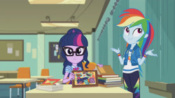 Size: 3410x1920 | Tagged: safe, screencap, rainbow dash, sci-twi, twilight sparkle, equestria girls, g4, my little pony equestria girls: better together, the last day of school, book, bowtie, clothes, cutie mark, cutie mark on clothes, female, geode of super speed, geode of telekinesis, glasses, high res, hoodie, jewelry, lip bite, magical geodes, necklace, ponytail, smiling