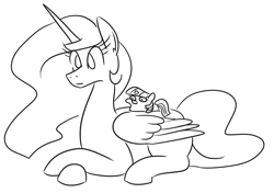 Size: 1030x725 | Tagged: safe, artist:jargon scott, princess celestia, twilight sparkle, alicorn, pony, unicorn, g4, black and white, crossed hooves, duo, female, filly, grayscale, lineart, lying down, mare, missing cutie mark, monochrome, prone, simple background, squatpony, twiggie, unicorn twilight, white background