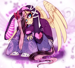 Size: 1518x1368 | Tagged: safe, artist:pastelperyton, fluttershy, pegasus, anthro, plantigrade anthro, g4, abstract background, animal hoodie, clothes, emo, emoshy, eyeshadow, female, frown, hoodie, jeans, makeup, mare, pants, sitting, solo