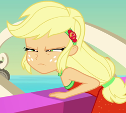 Size: 1200x1080 | Tagged: safe, screencap, applejack, equestria girls, equestria girls series, g4, spring breakdown, spoiler:eqg series (season 2), bare shoulders, cropped, female, glare, if looks could kill, narrowed eyes, sleeveless, solo