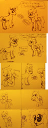 Size: 640x1698 | Tagged: safe, artist:zombietator, oc, oc only, oc:claire, pony, unicorn, bust, comic, contact lens, dialogue, facehoof, female, glasses, glowing, glowing horn, horn, lineart, magic, male, mare, stallion, telekinesis, traditional art, unicorn oc