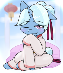 Size: 640x740 | Tagged: safe, artist:batipin, trixie, pony, unicorn, g4, alternate hairstyle, blushing, clothes, floppy ears, gameloft interpretation, imperial alchemist, lantern, looking at you, one eye closed, paper lantern, robe, solo