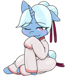 Size: 640x740 | Tagged: safe, alternate version, artist:batipin, trixie, pony, unicorn, g4, alternate hairstyle, blushing, clothes, floppy ears, imperial alchemist, looking at you, one eye closed, simple background, solo, transparent background