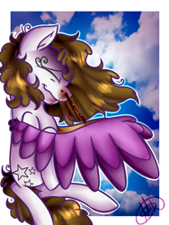 Size: 852x1136 | Tagged: safe, artist:milledpurple, oc, oc only, pegasus, pony, blood, cloud, eyes closed, female, mare, nosebleed, pegasus oc, signature, smiling, wings