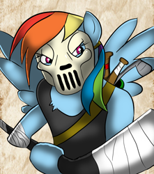 Size: 900x1020 | Tagged: safe, artist:tranzmuteproductions, rainbow dash, pegasus, anthro, g4, arm hooves, bandage, casey jones, clothes, cosplay, costume, hockey mask, hockey stick, mask, solo, wings