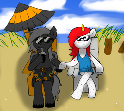 Size: 1000x900 | Tagged: safe, artist:tranzmuteproductions, oc, oc only, oc:tranzmute, pony, unicorn, beach, clothes, cloud, duo, female, horn, male, mare, relaxing, shorts, stallion, sunglasses, unicorn oc