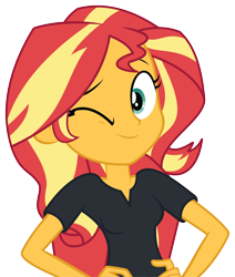 Size: 8751x10332 | Tagged: safe, artist:wissle, sunset shimmer, equestria girls, g4, my little pony equestria girls: better together, opening night, opening night: sunset shimmer, absurd resolution, breasts, cleavage, director shimmer, female, hand on hip, looking at you, one eye closed, simple background, solo, sunset shimmer day, transparent background, vector, wink
