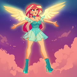 Size: 2000x2000 | Tagged: safe, artist:xjenn9, sunset shimmer, human, equestria girls, g4, my past is not today, boots, breasts, cleavage, clothes, high heel boots, high res, redesign, see-through, see-through skirt, shoes, skirt, solo, sunset phoenix, winged humanization, wings