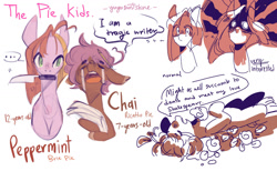 Size: 1600x988 | Tagged: safe, artist:yuyusunshine, oc, oc only, oc:chai ricatto, oc:peppermint brie, earth pony, pony, female, knife, male, mouth hold, offspring, parent:cheese sandwich, parent:pinkie pie, parents:cheesepie