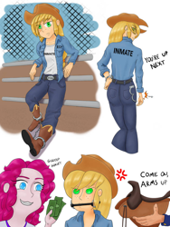 Size: 774x1032 | Tagged: safe, artist:ironjethro, applejack, pinkie pie, human, equestria girls, g4, ankle cuffs, belt, bit gag, clothes, cross-popping veins, cuffs, gag, grin, inmate, jeans, key, money, pants, prison outfit, rodeo, saddle, smiling, tack