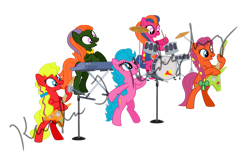 Size: 1024x675 | Tagged: safe, artist:kaylathehedgehog, half note, melody, pretty beat, sweet notes, tuneful, earth pony, pony, g1, g4, base used, bow, cymbal, cymbals, drum kit, drums, drumstick, drumsticks, female, food, g1 to g4, generation leap, guitar, hair bow, jewelry, keyboard, mare, meat, microphone, musical instrument, necklace, obtrusive text, piano, rockin' beats, simple background, singer, transparent background, vector