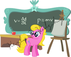 Size: 1024x819 | Tagged: safe, artist:kaylathehedgehog, starlight (g1), earth pony, pony, g1, g4, my little pony tales, apple, chair, chalkboard, desk, female, food, g1 to g4, generation leap, glasses, mare, math, obtrusive text, physics, seat, simple background, solo, teacher, transparent background, vector