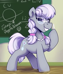 Size: 1500x1750 | Tagged: safe, artist:shadowreindeer, silver spoon, earth pony, pony, g4, chalkboard, cute, female, filly, glasses, jewelry, necklace, raised leg, silverbetes, smiling