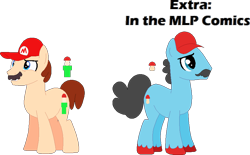 Size: 877x545 | Tagged: safe, artist:selenaede, artist:victorfazbear, earth pony, pony, base used, blue eyes, brown mane, cap, crossover, cutie mark, facial hair, gray mane, hat, male, mario, mario's hat, moustache, ponified, simple background, stallion, standing, super mario bros., tail, transparent background, unshorn fetlocks