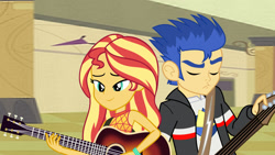 Size: 2000x1125 | Tagged: safe, artist:bigpurplemuppet99, flash sentry, sunset shimmer, equestria girls, g4, let it rain, my little pony equestria girls: better together, my little pony equestria girls: rainbow rocks, duo, female, guitar, male, musical instrument, ship:flashimmer, shipping, straight