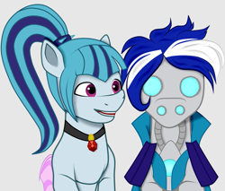Size: 907x774 | Tagged: safe, artist:crystal yazarän, sonata dusk, oc, oc:ivislor, oc:ivislor odzi, cyborg, cyborg pony, earth pony, pony, equestria girls, g4, blue hair, cape, clothes, commission, commissioner:iv's, disguise, disguised siren, duo, ponified, superhero