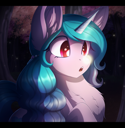 Size: 2500x2577 | Tagged: safe, artist:_ladybanshee_, izzy moonbow, firefly (insect), insect, pony, unicorn, g5, big eyes, chest fluff, cute, ear fluff, forest, forest background, high res, izzybetes, night, outdoors, shiny eyes, solo