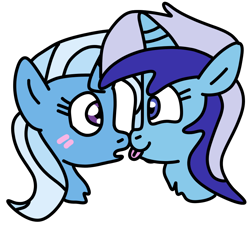 Size: 900x810 | Tagged: safe, artist:jadeharmony, minuette, trixie, pony, unicorn, g4, :p, blushing, boop, chest fluff, eye contact, female, head only, horn, lesbian, looking at each other, mare, minixie, noseboop, open mouth, shipping, simple background, smiling, tongue out, transparent background, two toned mane