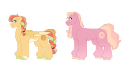 Size: 1280x640 | Tagged: safe, artist:itstechtock, oc, oc:melon ball, oc:peach cobbler, earth pony, pony, duo, female, magical lesbian spawn, mare, offspring, parent:applejack, parent:big macintosh, parent:cheerilee, parent:rainbow dash, parents:appledash, parents:cheerimac, simple background, white background