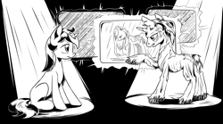 Size: 4256x2364 | Tagged: safe, artist:lexx2dot0, fluttershy, oc, oc only, oc:blackjack, oc:goldenblood, ghoul, pony, undead, unicorn, fallout equestria, fallout equestria: project horizons, series:ph together we reread, black and white, clon, fanfic art, grayscale, horn, monochrome, small horn