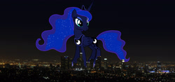Size: 3430x1600 | Tagged: safe, artist:dashiesparkle edit, artist:theotterpony, edit, vector edit, princess luna, alicorn, pony, g4, female, giant pony, giantess, high res, highrise ponies, irl, macro, mare, photo, ponies in real life, solo, story included, vector