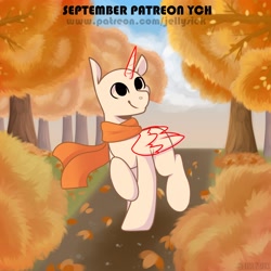 Size: 2894x2894 | Tagged: safe, artist:jellysketch, oc, alicorn, earth pony, pegasus, pony, unicorn, autumn, clothes, commission, high res, patreon, scarf, solo, your character here