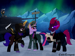 Size: 4671x3488 | Tagged: safe, artist:cmdrtempest, fizzlepop berrytwist, tempest shadow, twilight sparkle, oc, oc:deafjaeger, oc:starlet soul, earth pony, pony, unicorn, equestria at war mod, g4, my little pony: the movie, aurora borealis, axe, battlefield, bloodshot eyes, broken horn, cigarette, clothes, commander, eyepatch, female, gas mask, general, hat, headphones, hoodie, hoof hold, horn, ice, light, long horn, magic, magic aura, male, mare, mask, mountain, mouth hold, night, scroll, shadow, sign, snow, snowfall, sombra eyes, stallion, suit, tank (vehicle), tiger (tank), tiger tank, unicorn horn, unicorn horns, unicorn twilight, weapon