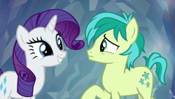 Size: 1920x1080 | Tagged: safe, screencap, rarity, sandbar, earth pony, pony, unicorn, g4, season 8, what lies beneath, duo, female, frown, grin, looking at each other, male, mare, raised hoof, smiling, teenager