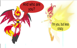 Size: 1280x800 | Tagged: safe, edit, edited screencap, screencap, sunset shimmer, equestria girls, g4, my little pony equestria girls, my little pony equestria girls: friendship games, daydream shimmer, dialogue, duo, duo female, female, self paradox, simple background, spread wings, sunset satan, sunset shimmer day, white background, wings