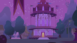 Size: 1280x720 | Tagged: safe, screencap, friendship is magic, g4, season 1, background, mountain, night, no pony, ponyville, ponyville town hall, scenic ponyville, sky, stars, statue, tree