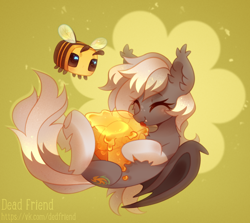 Size: 3016x2696 | Tagged: safe, artist:dedfriend, oc, oc only, bat pony, bee, insect, pony, ambiguous gender, bat pony oc, cute, eating, female, food, herbivore, high res, honey, mare, minecraft, minecraft bee, solo