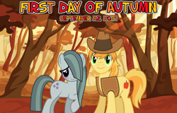 Size: 2064x1321 | Tagged: safe, anonymous artist, braeburn, marble pie, earth pony, pony, g4, 2021, autumn, braeble, female, forest, friendship, looking at you, male, scenery, september, shipping, smiling, straight, tree, youtube link in the description