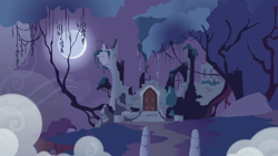 Size: 1280x720 | Tagged: safe, screencap, friendship is magic, g4, season 1, background, castle of the royal pony sisters, everfree forest, fog, full moon, moon, night, no pony, old castle ruins, ruins, scenic ponyville, tree