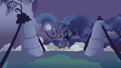 Size: 1280x720 | Tagged: safe, screencap, friendship is magic, g4, season 1, background, bridge, castle of the royal pony sisters, everfree forest, fog, moon, night, no pony, old castle ruins, ruins, scenic ponyville, tree