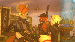 Size: 1920x1080 | Tagged: safe, artist:tfc0234, oc, oc:calamity, oc:littlepip, oc:velvet remedy, anthro, fallout equestria, anthro oc, crossover, female, gauss rifle, looking at you, mare, mi-24, rpk, s.t.a.l.k.e.r., weapon