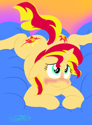 Size: 2590x3526 | Tagged: safe, artist:rupertbluefox, sunset shimmer, pony, unicorn, bed, blushing, both cutie marks, bunset shimmer, butt, cushion, cute, female, high res, lineless, lying down, mare, plot, prone, shimmerbetes, smiling, sploot, spread legs, spreading, starry eyes, wingding eyes