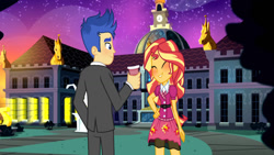 Size: 1024x576 | Tagged: safe, artist:redyoshi1992, flash sentry, sunset shimmer, equestria girls, g4, blushing, female, male, ship:flashimmer, shipping, straight