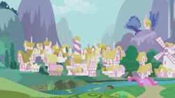 Size: 1280x720 | Tagged: safe, screencap, friendship is magic, g4, season 1, background, bridge, cloud, day, mill, mountain, no pony, ponyville, river, scenic ponyville, sky, tree, windmill