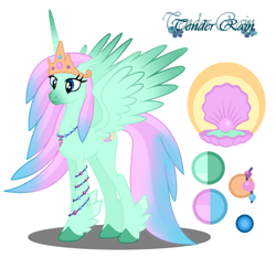Size: 1280x1199 | Tagged: safe, artist:tenderrain-art, oc, oc:princess pearl shimmer, hybrid, interspecies offspring, offspring, parent:princess celestia, parent:seaspray, reference sheet, simple background, transparent background