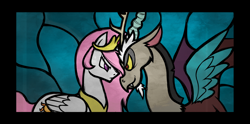 Size: 1374x682 | Tagged: safe, artist:nekurosilver, discord, princess celestia, alicorn, draconequus, pony, g4, the return of harmony, abstract background, alternate hairstyle, antlers, beard, crown, devious smile, facial hair, female, jewelry, looking at each other, male, pink-mane celestia, regalia, serious, serious face, ship:dislestia, shipping, staring at each other, straight, wings