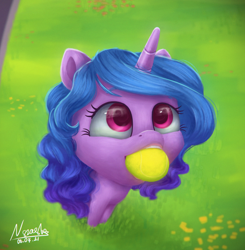 Size: 2114x2160 | Tagged: safe, artist:noasha, izzy moonbow, pony, unicorn, g5, ball, behaving like a dog, grass, high res, izzy's tennis ball, mouth hold, perspective, solo, tennis ball, that pony sure does love tennis balls