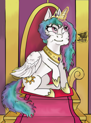 Size: 3323x4500 | Tagged: safe, artist:heatherberserker, princess celestia, alicorn, pony, g4, cake, cakelestia, eating, female, food, glowing, glowing horn, horn, magic, sitting, solo, telekinesis, throne