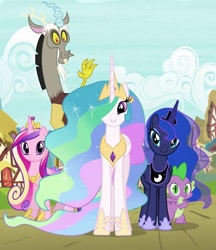 Size: 621x720 | Tagged: safe, screencap, discord, princess cadance, princess celestia, princess luna, spike, alicorn, draconequus, dragon, pony, g4, twilight's kingdom, alicorn triarchy, cloud, cropped, female, looking at you, male, mountain, ponyville, royal sisters, siblings, sisters