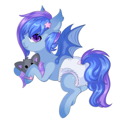 Size: 900x900 | Tagged: safe, artist:veincchi, oc, oc only, oc:astral flare, bat pony, pony, bat wings, cute, cute little fangs, diaper, fangs, female, filly, flying, foal, plushie, simple background, smiling, solo, wings