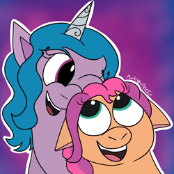 Size: 1080x1080 | Tagged: safe, artist:artyanimated, izzy moonbow, sunny starscout, earth pony, pony, unicorn, g5, duo, female, floppy ears, happy, one eye closed, open mouth