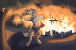 Size: 3886x2568 | Tagged: safe, artist:reddthebat, applejack, earth pony, anthro, g4, applejack's hat, axe, belly button, blood, bullet wound, burning the evidence, clothes, colt single action army, cowboy hat, fire, fire axe, gun, handgun, hat, high res, midriff, night, revolver, shorts, solo, tree, weapon