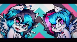 Size: 4096x2219 | Tagged: safe, alternate version, artist:canvymamamoo, oc, oc only, oc:canvy, oc:echy, pegasus, pony, abstract background, brother and sister, chest fluff, collar, duo, ear fluff, fangs, female, freckles, glasses, hair bun, heart eyes, jewelry, looking at you, male, mare, necklace, open mouth, siblings, smiling, spread wings, stallion, tongue out, tree, twins, wingding eyes, wings