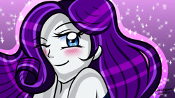 Size: 1280x720 | Tagged: safe, artist:cosmiccutie01, rarity, equestria girls, g4, blushing, female, one eye closed, solo, wink