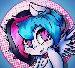 Size: 3169x2894 | Tagged: safe, artist:canvymamamoo, oc, oc only, oc:echy, pegasus, pony, abstract background, chest fluff, circle background, collar, ear fluff, fangs, freckles, high res, looking at you, male, open mouth, smiling, solo, spread wings, stallion, tongue out, wingding eyes, wings